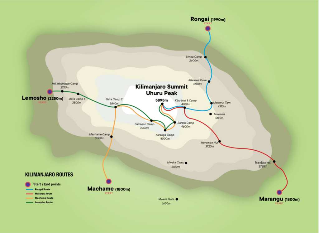 Map of Mount Kilimanjaro trekking routes
